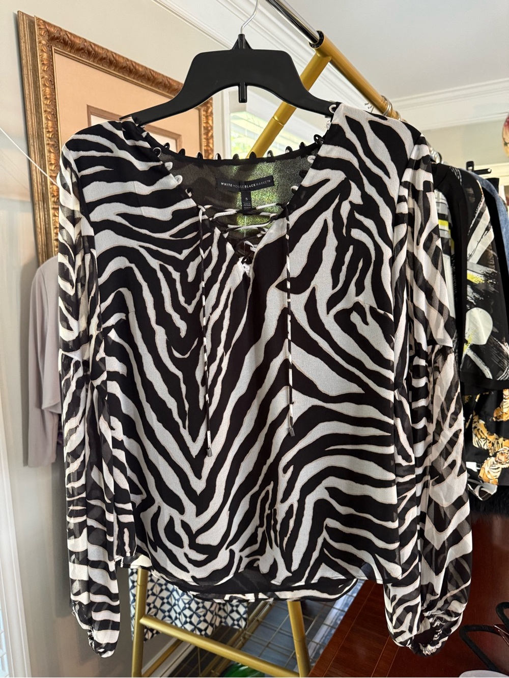 White House Black Market Black and White Zebra Lace-Up Blouse